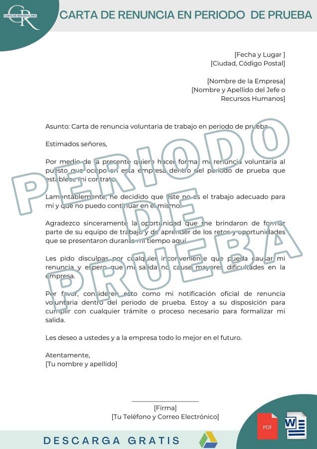 modelos carta de renuncia dentro del periodo de prueba