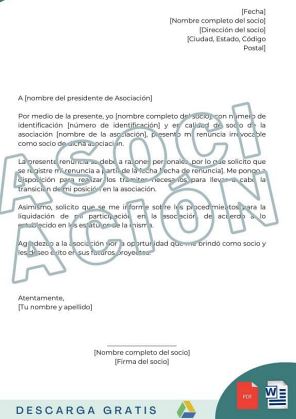 carta de renuncia asociación plantilla descargar en word pdf gratis