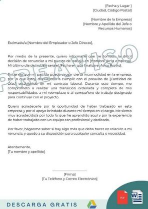 carta de renuncia voluntaria con preaviso plantillas descargar gratis word pdf