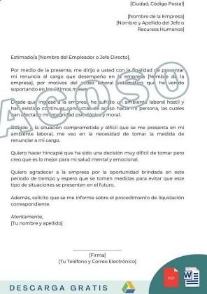 carta de renuncia voluntaria por acoso laboral plantillas descargar gratis word pdf