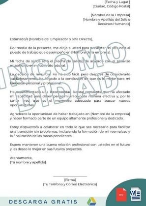carta de renuncia voluntaria por incomodidad laboral plantillas descargar gratis word pdf