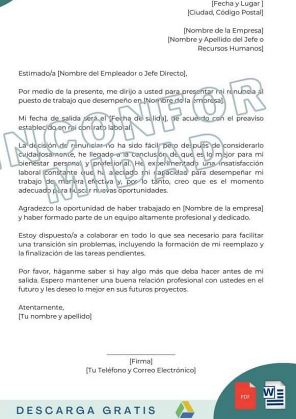 carta de renuncia voluntaria por inconformidad laboral plantillas descargar gratis word pdf