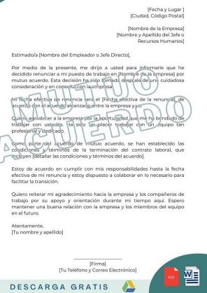 carta de renuncia voluntaria por mutuo acuerdo plantillas descargar gratis word pdf