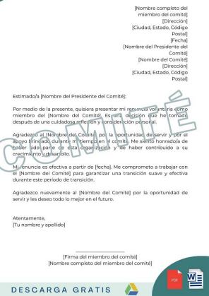 carta de renuncia a comité plantilla descargar en word pdf gratis