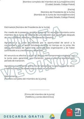 carta de renuncia a junta de vecinos plantillas descargar en word pdf gratis