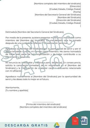 carta de renuncia sindicato plantilla descargar en word pdf gratis